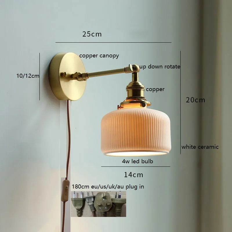 Helnys Nordic Ceramic Copper LED Wall Lamp with Pull Chain Switch, Adjustable for Bathroom Mirror