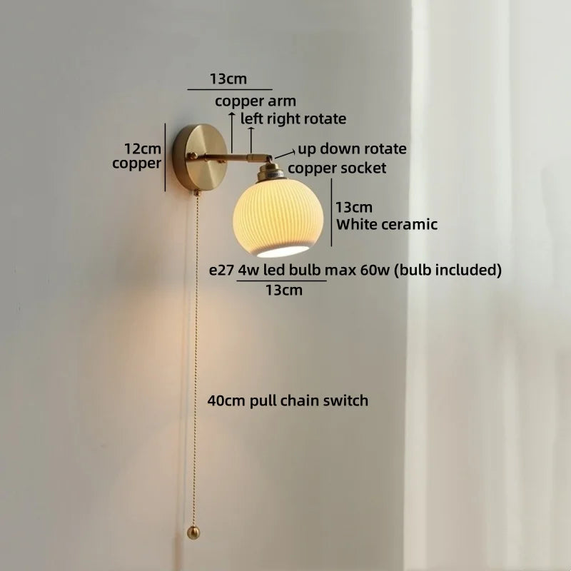 Helnys LED Wall Lamp Bedroom Gold Swing Arm Ceramic Light