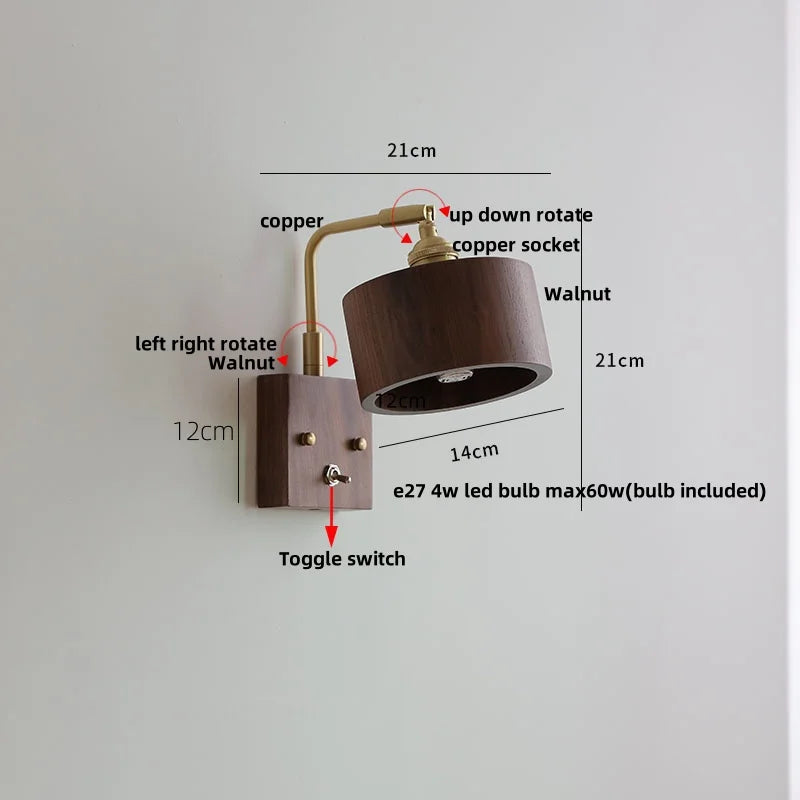 Helnys Walnut Wood LED Wall Sconce Vintage Copper Toggle Switch Lamparas
