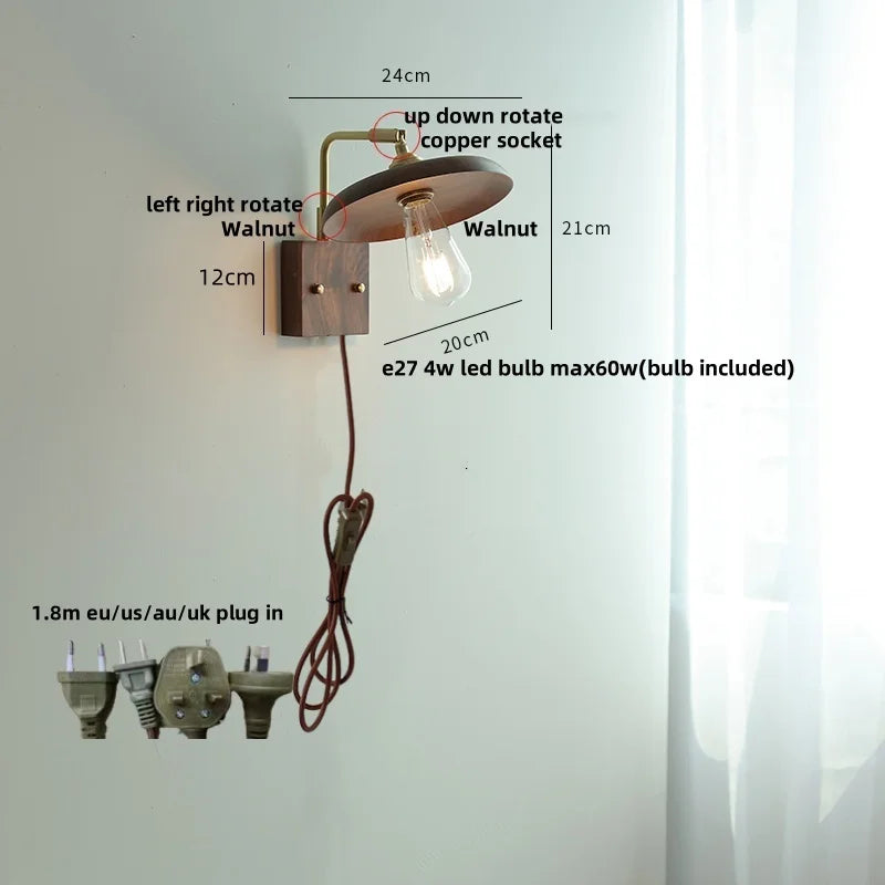 Helnys Walnut Wood LED Wall Sconce Vintage Copper Toggle Switch Lamparas