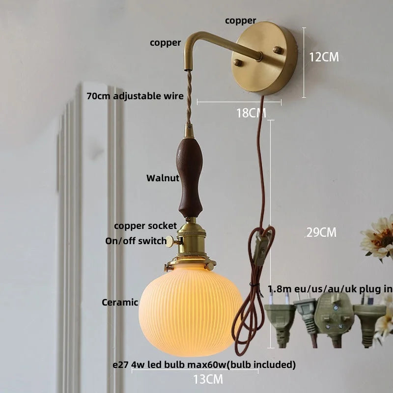 Helnys Walnut Wood LED Wall Sconce Modern Copper Pull Chain Switch Stair Light Fixtures