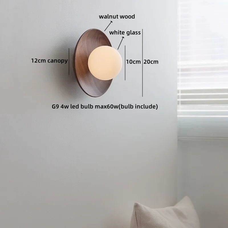 Helnys Nordic LED Wall Sconce Walnut Glass Ball Pull Chain Switch Wall Light