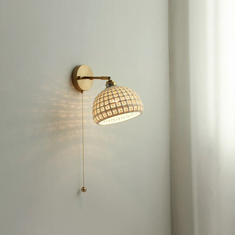 Helnys Ceramic Vintage LED Wall Light Bathroom Round Design Pull Chain Bedside Lamp