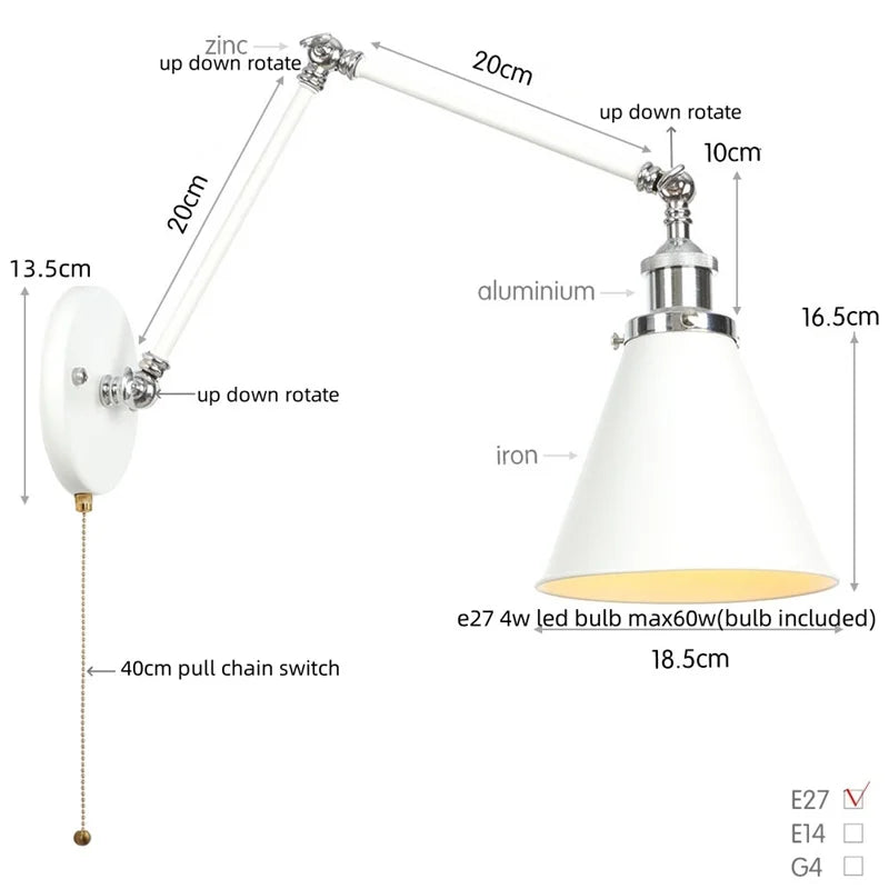 Helnys Vintage White LED Wall Sconce with Pull Chain Switch