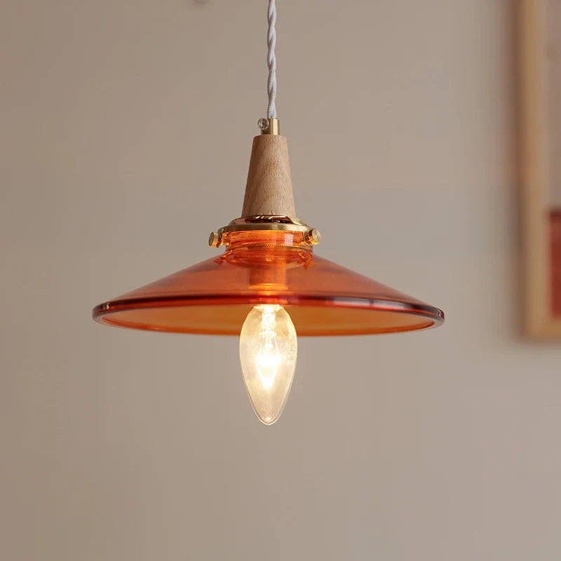 Helnys Wood Amber Glass LED Pendant Light Fixture - Nordic Modern Hanging Lamp
