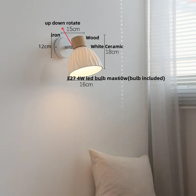 Helnys Ceramic LED Wall Light, Modern Nordic Rotate Wood Bedside Lamp