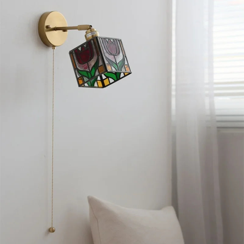 Helnys Square Glass LED Wall Lights Pull Chain Switch Tiffany Style Wandlamp
