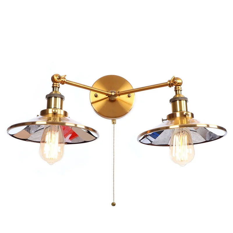 Helnys Gold Vintage 2 Heads LED Wall Lights Industrial Pull Chain Switch Lamp