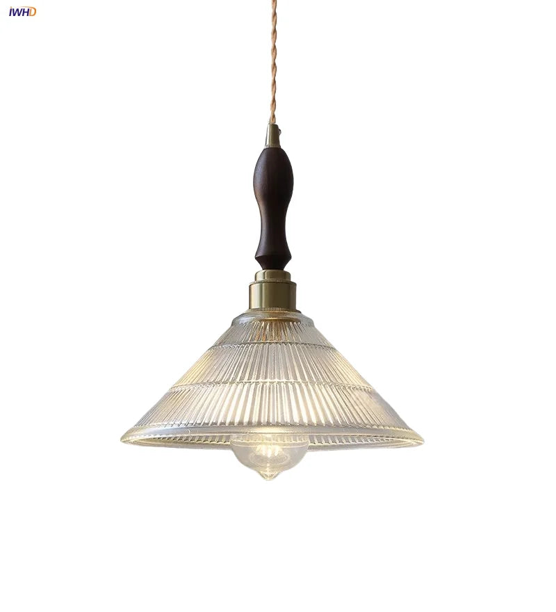 Helnys Nordic LED Glass Pendant Light Fixture Adjustable Wire Walnut Lamp