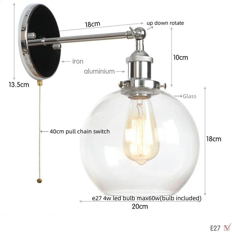 Helnys Globe LED Wall Sconce Rustic Industrial Mirror Light