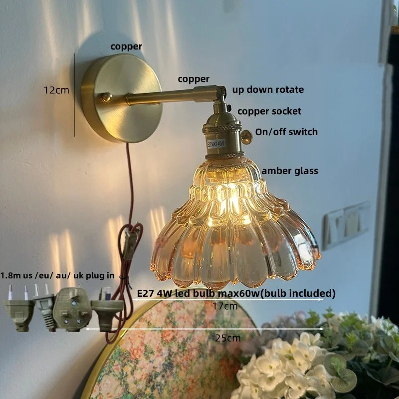 Helnys Rotatable Flower Glass Wall Lamp Copper Stair Light Fixtures