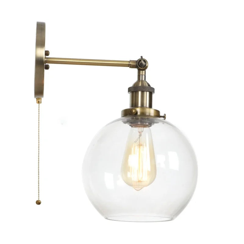 Helnys Glass LED Wall Sconce Industrial Iron Pull Chain Switch Wall Light