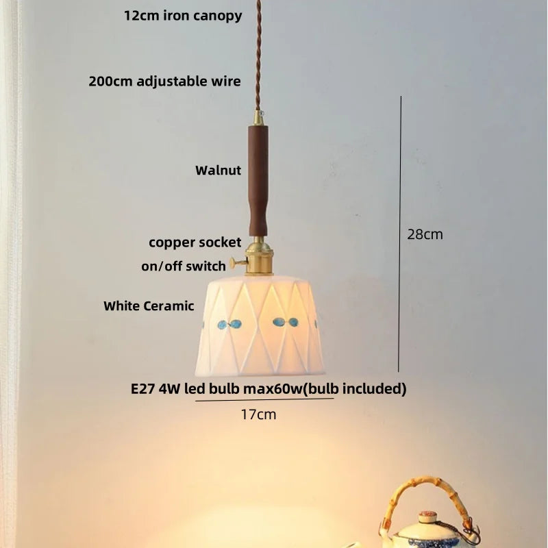 Helnys Ceramic LED Pendant Lamp Walnut Wood Modern Hanging Light Fixtures