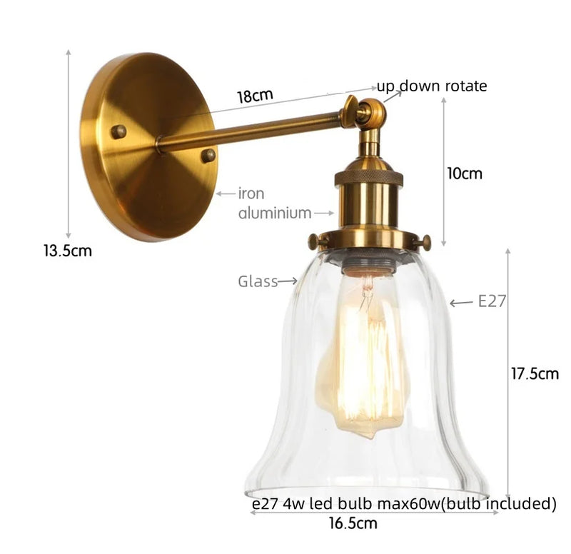 Helnys Vintage LED Glass Wall Sconce with Pull Chain Switch