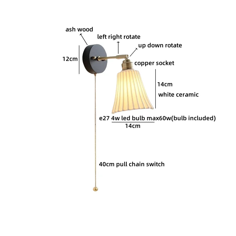 Helnys Black Round Wood LED Wall Lamp With Switch - Bedroom Living Room Home Design