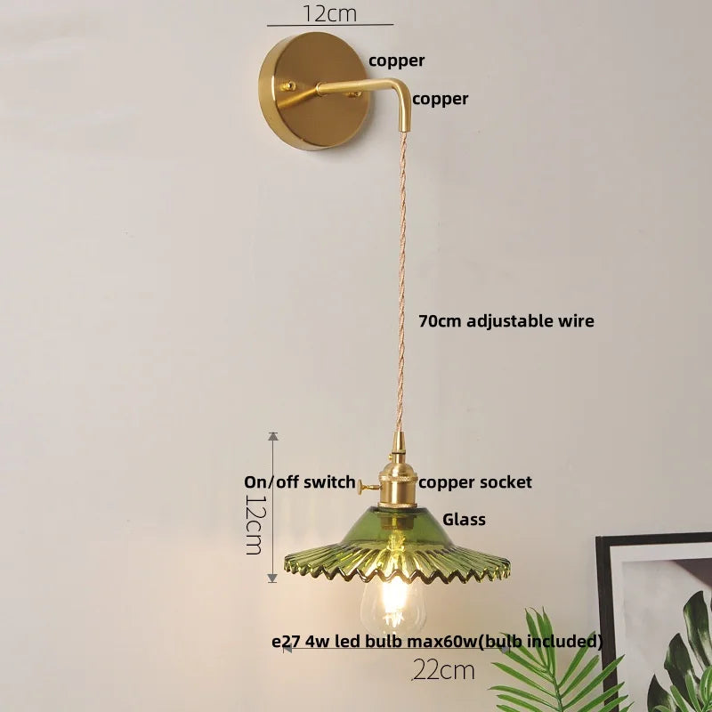 Helnys Green Glass LED Wall Lights with Pull Chain Switch for Home Decor