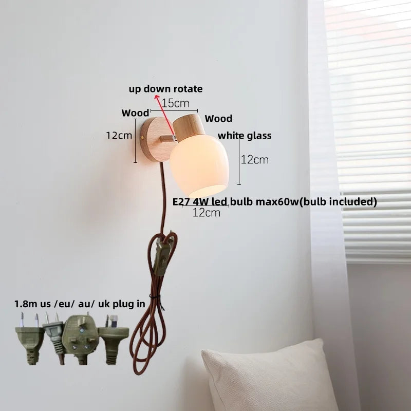 Helnys Amber Glass LED Wall Sconce Wood Pull Chain Switch Stair Light