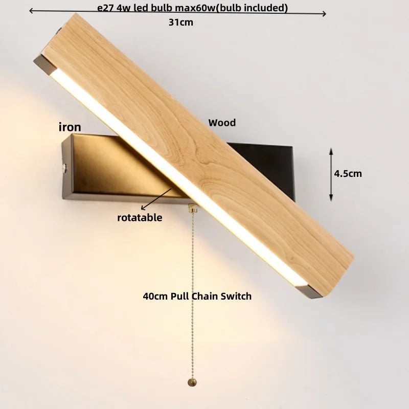 Helnys Nordic LED Wall Sconce Pull Chain Switch Wood Modern Stair Light Fixtures