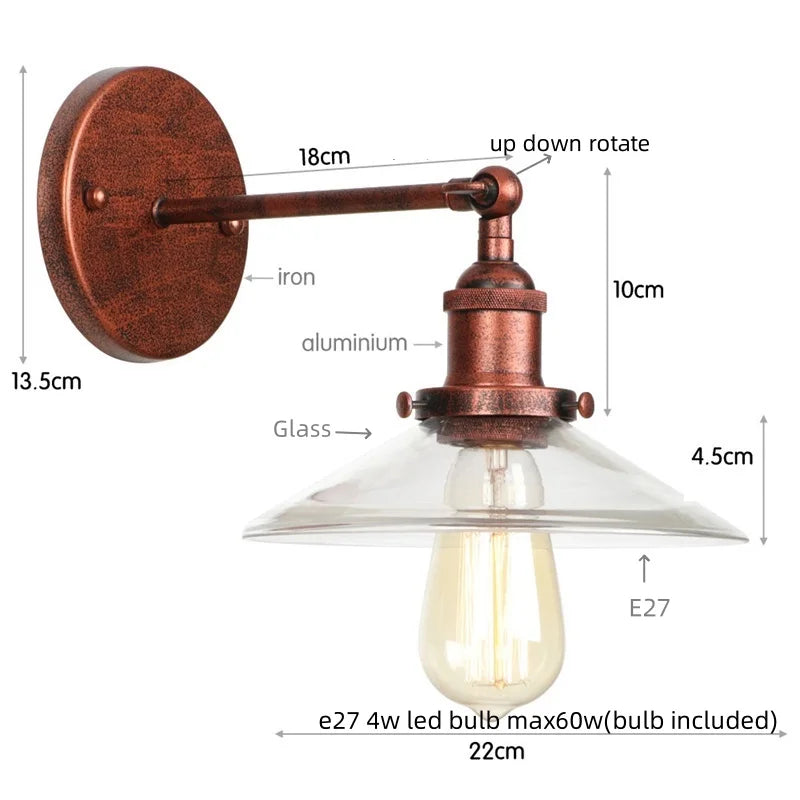 Helnys Vintage Industrial LED Wall Lamp Clear Glass Gold Bedside Light