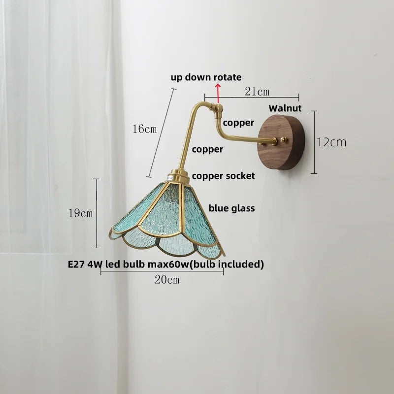 Helnys Walnut Base LED Wall Light with Pull Chain Switch and Rotating Copper Lampshade