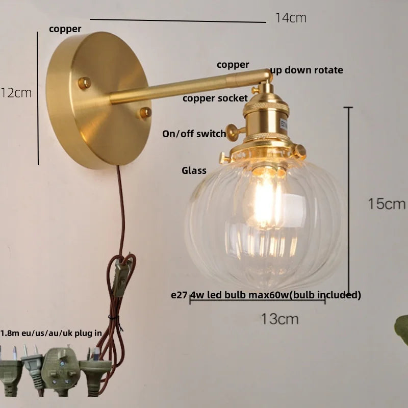 Helnys Vintage Blue Glass LED Wall Lamp with Pull Chain Switch