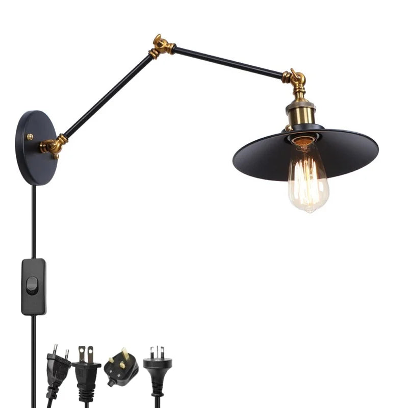 Helnys Adjustable Black Iron LED Wall Light - Industrial Vintage Bedside Lamp