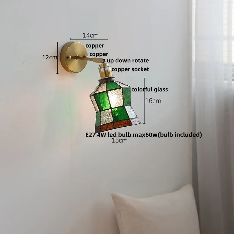 Helnys Square Glass LED Wall Lights Pull Chain Switch Tiffany Style Wandlamp