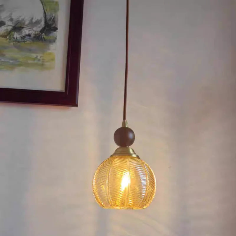 Helnys Amber Glass LED Pendant Light Fixture with Walnut Wood Hanging Lamp Base