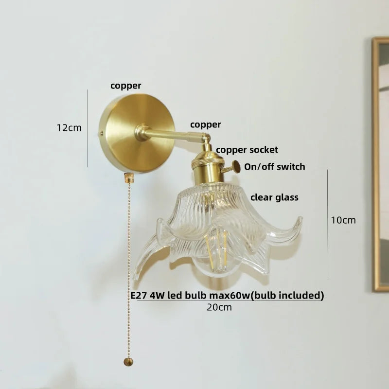 Helnys Copper Socket LED Wall Lamp Clear Glass Pull Chain Switch