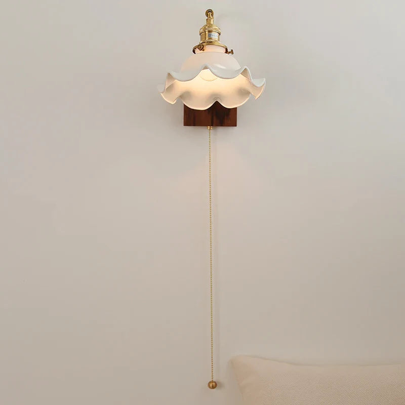 Helnys Vintage Brass Ceramic Flower LED Wall Lamp - Wooden Base