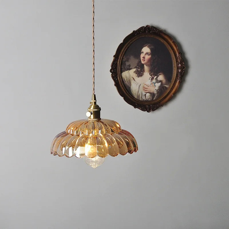Helnys Amber Flower Glass Pendant Lights with Knob Switch, Adjustable Wire - 200cm