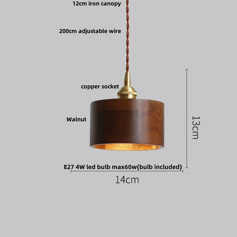 Helnys Ash Wood LED Pendant Lamp with Copper Socket - Adjustable Hanging Lights