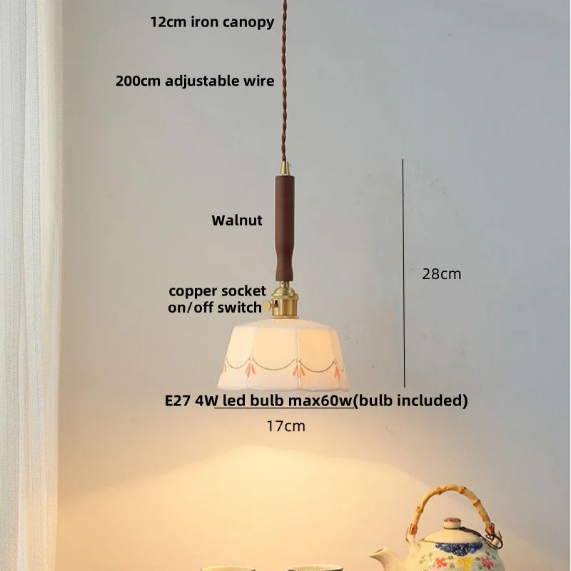 Helnys Ceramic & Walnut Wood LED Pendant Lamp with Knob Switch