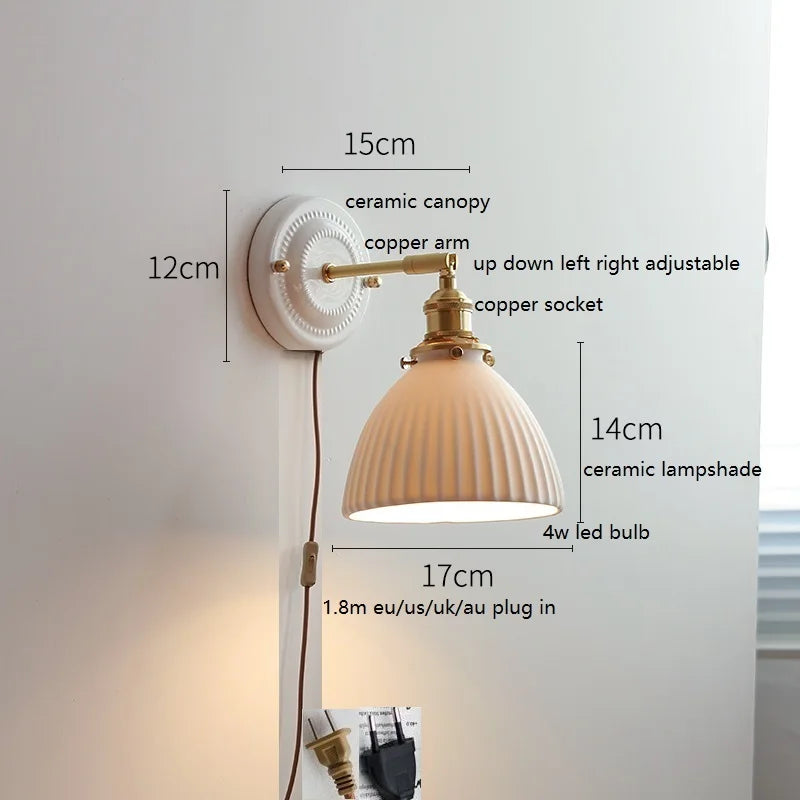 Helnys Modern LED Wall Lamp Ceramic Canopy Copper Arm Socket Indoor Light
