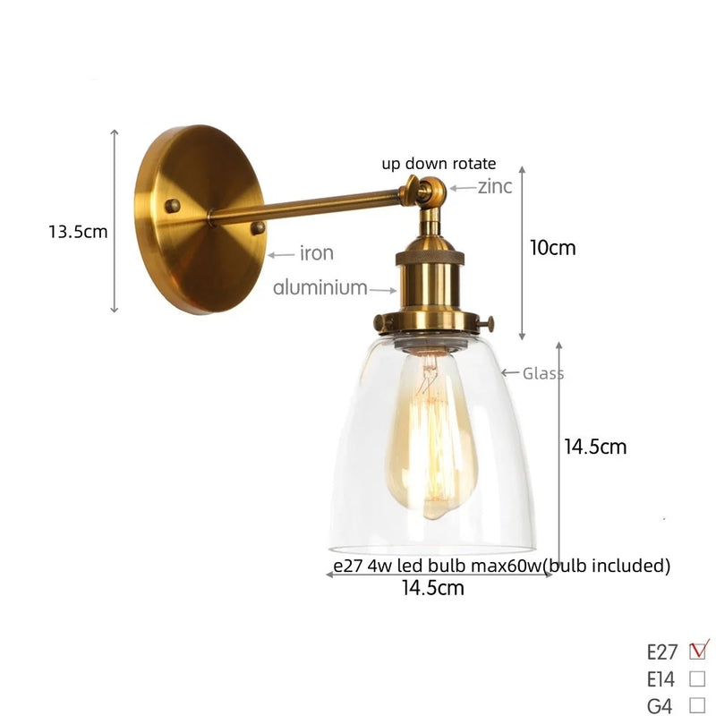 Helnys LED Wall Lamp Single Arm Glass Iron Vintage Retro Stair Light