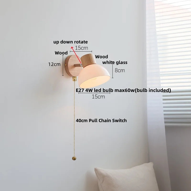 Helnys Amber Glass LED Wall Sconce Wood Pull Chain Switch Stair Light