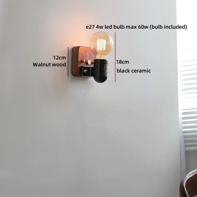 Helnys Ceramic LED Wall Light Mirror Bathroom Decoration Wooden Bedside Lamp