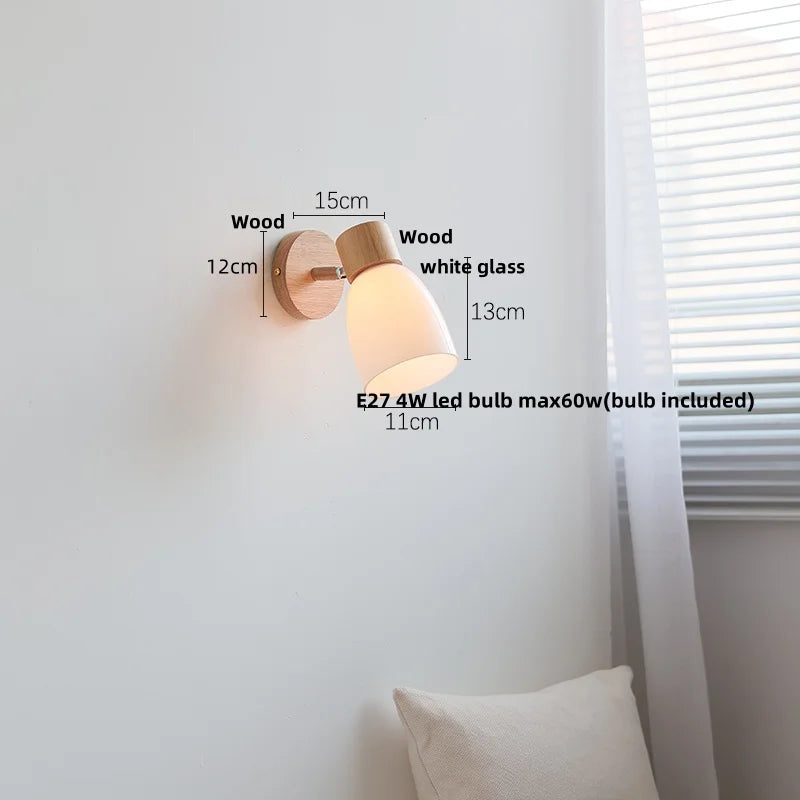 Helnys Amber Glass LED Wall Sconce Wood Pull Chain Switch Stair Light