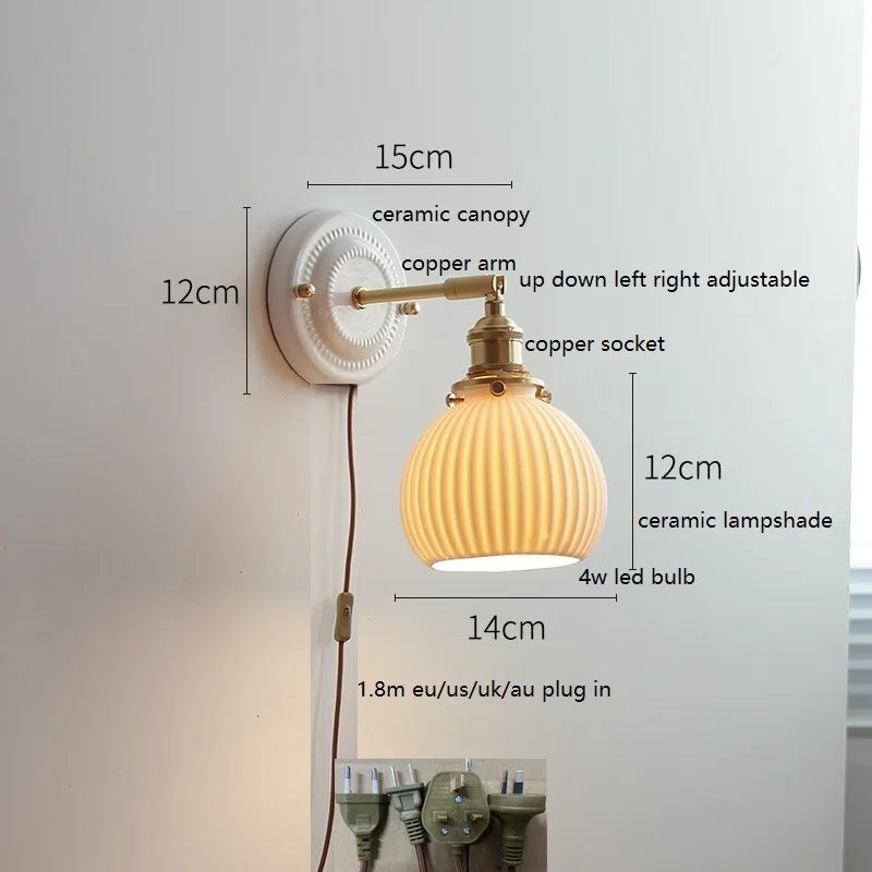 Helnys Ceramic LED Wall Sconce - Copper Arm, Adjustable Pull Chain Switch