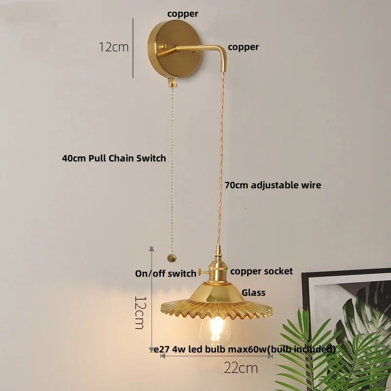 Helnys Glass LED Wall Light Fixture with Adjustable Wire, Pull Chain Switch, Vintage Design
