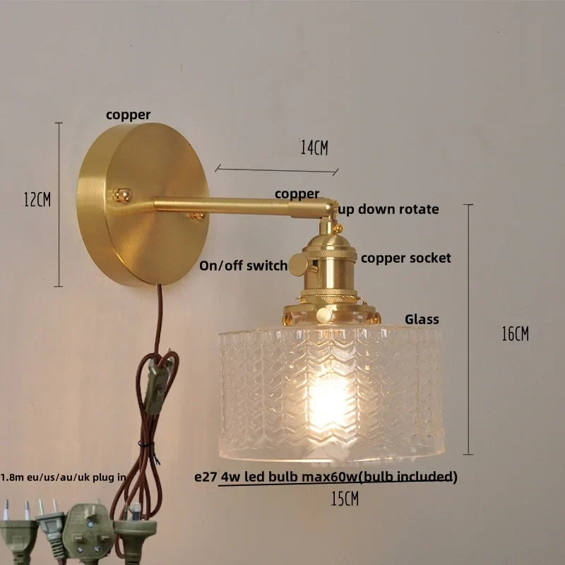 Helnys Nordic LED Wall Light Glass Up Down Rotate Copper Bedside Lamp