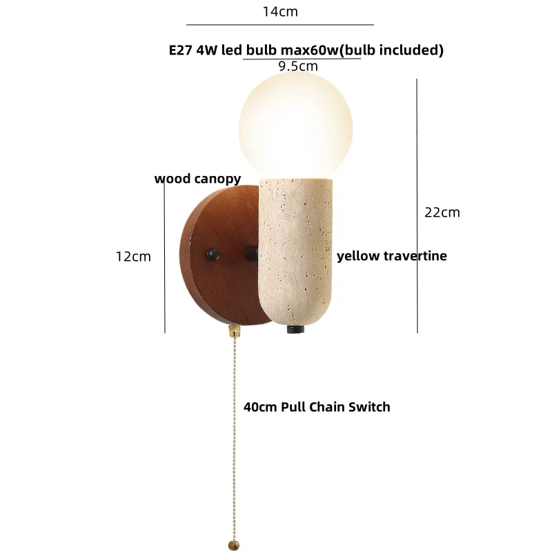 Helnys Nordic Wood LED Wall Sconce Yellow Travertine Stone Modern Rotate Bedside Lamp