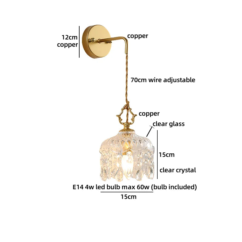 Helnys Nordic Crystal Glass Wall Sconce LED Light Fixture Antique Brass Gold Bedroom Lamp