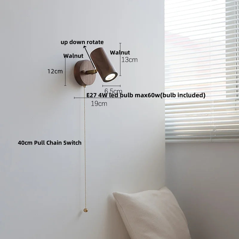 Helnys Nordic Modern Walnut Wood Wall Light with LED, Glass Shade & Pull Chain Switch