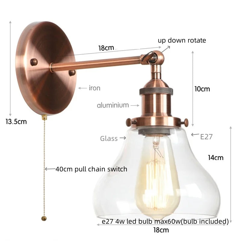 Helnys Industrial Iron LED Wall Lights with Pull Chain Switch