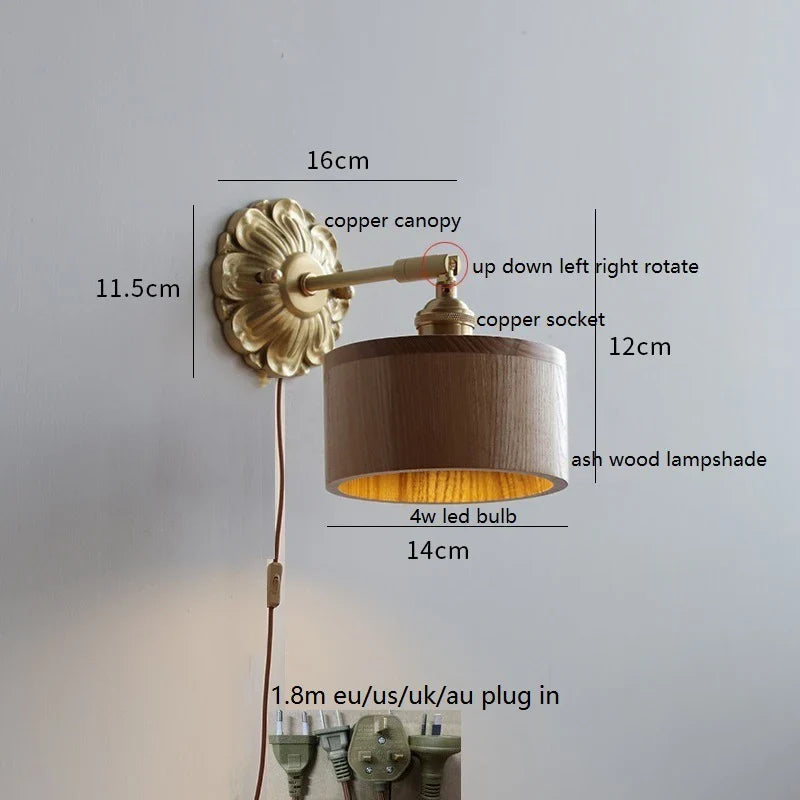 Helnys LED Wall Sconce Switch Wood Bedroom Living Room Copper Arm Wall Light