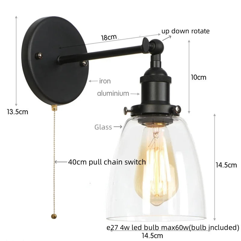 Helnys LED Wall Lamp Single Arm Glass Iron Vintage Retro Stair Light