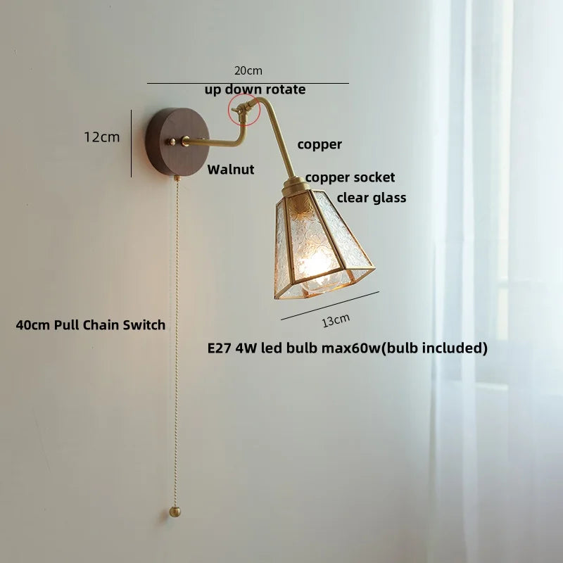 Helnys Copper LED Wall Sconce Amber Glass Walnut Base Nordic Modern Mirror Light