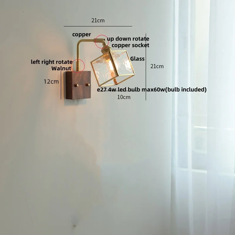 Helnys Nordic Walnut Glass LED Wall Light with Rotatable Brass Finish