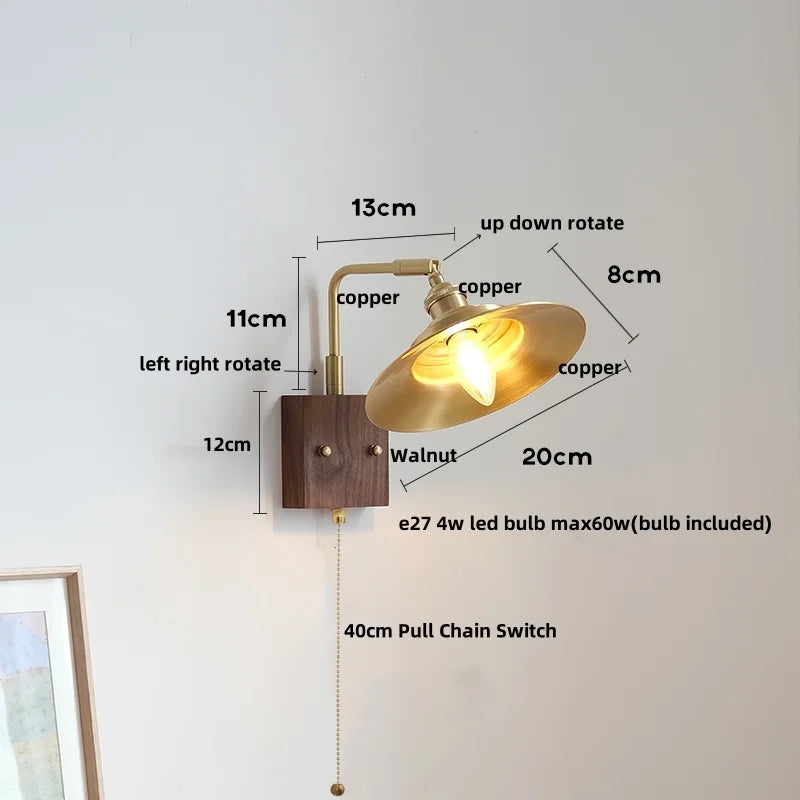 Helnys LED Wall Light Fixture Walnut Wood Copper Bedside Lamp Rotation Dining Room